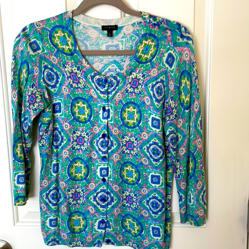 Talbots Cardigan Size Small Blue Green Pink Button Up 3/4 sleeve